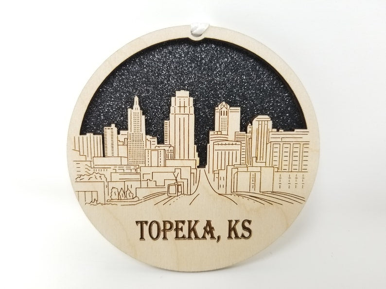 Topeka Skyline Ornament made from premium Baltic birch wood, showcasing intricate skyline design.