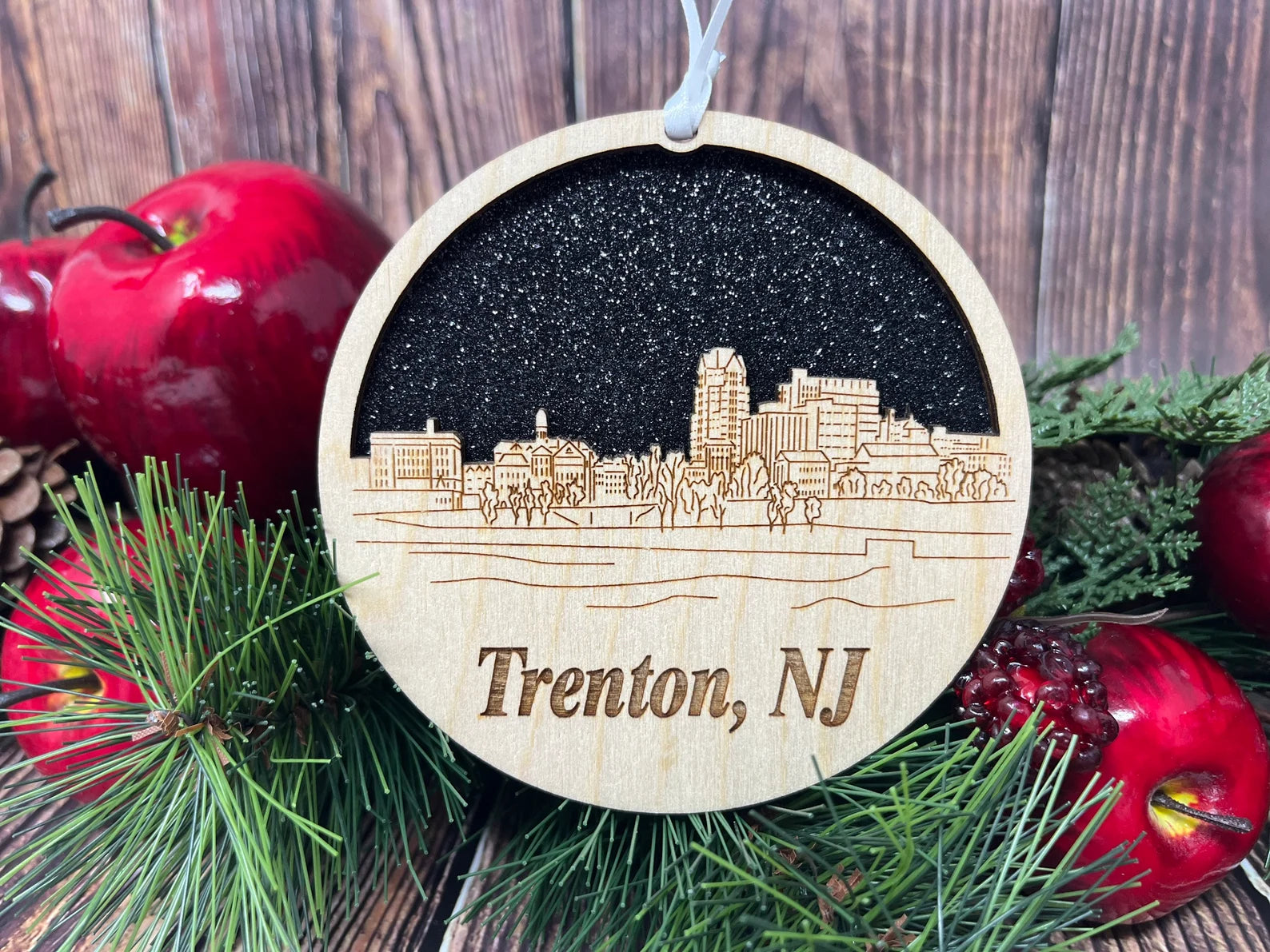 Trenton Skyline Ornament made from premium Baltic birch wood, showcasing intricate skyline design.