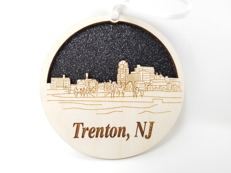 Trenton Skyline Ornament made from premium Baltic birch wood, showcasing intricate skyline design.