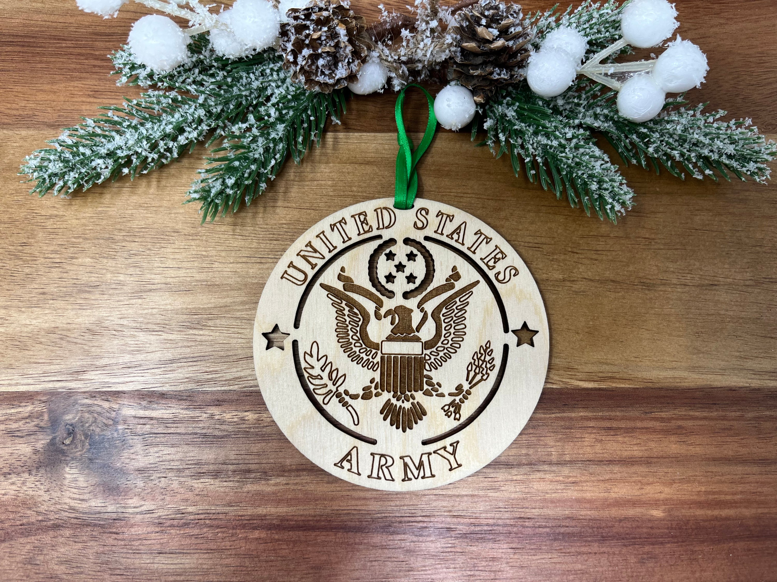 Wooden United States Army ornament, 4 inches in diameter, featuring the Army emblem, perfect for honoring military service.