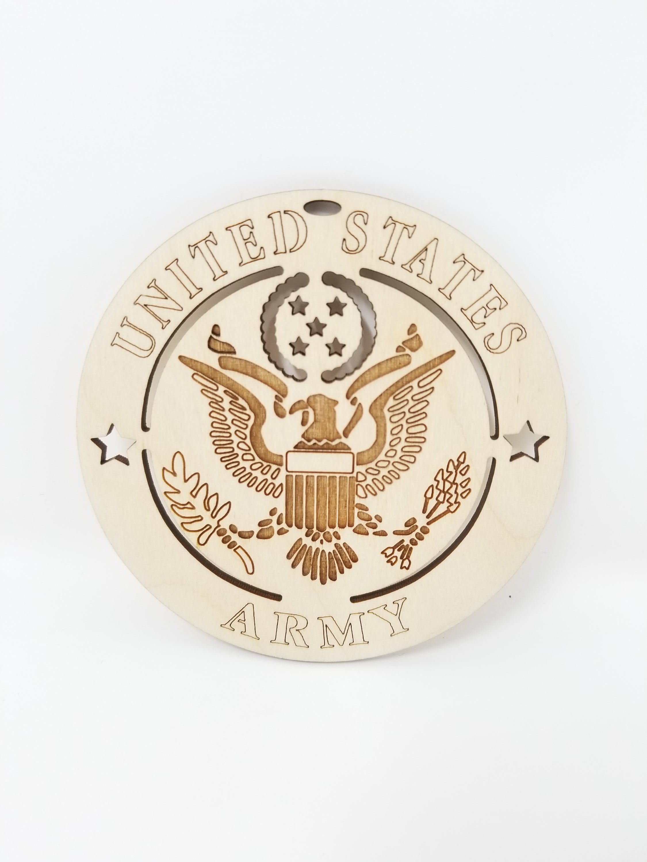 Wooden United States Army ornament, 4 inches in diameter, featuring the Army emblem, perfect for honoring military service.