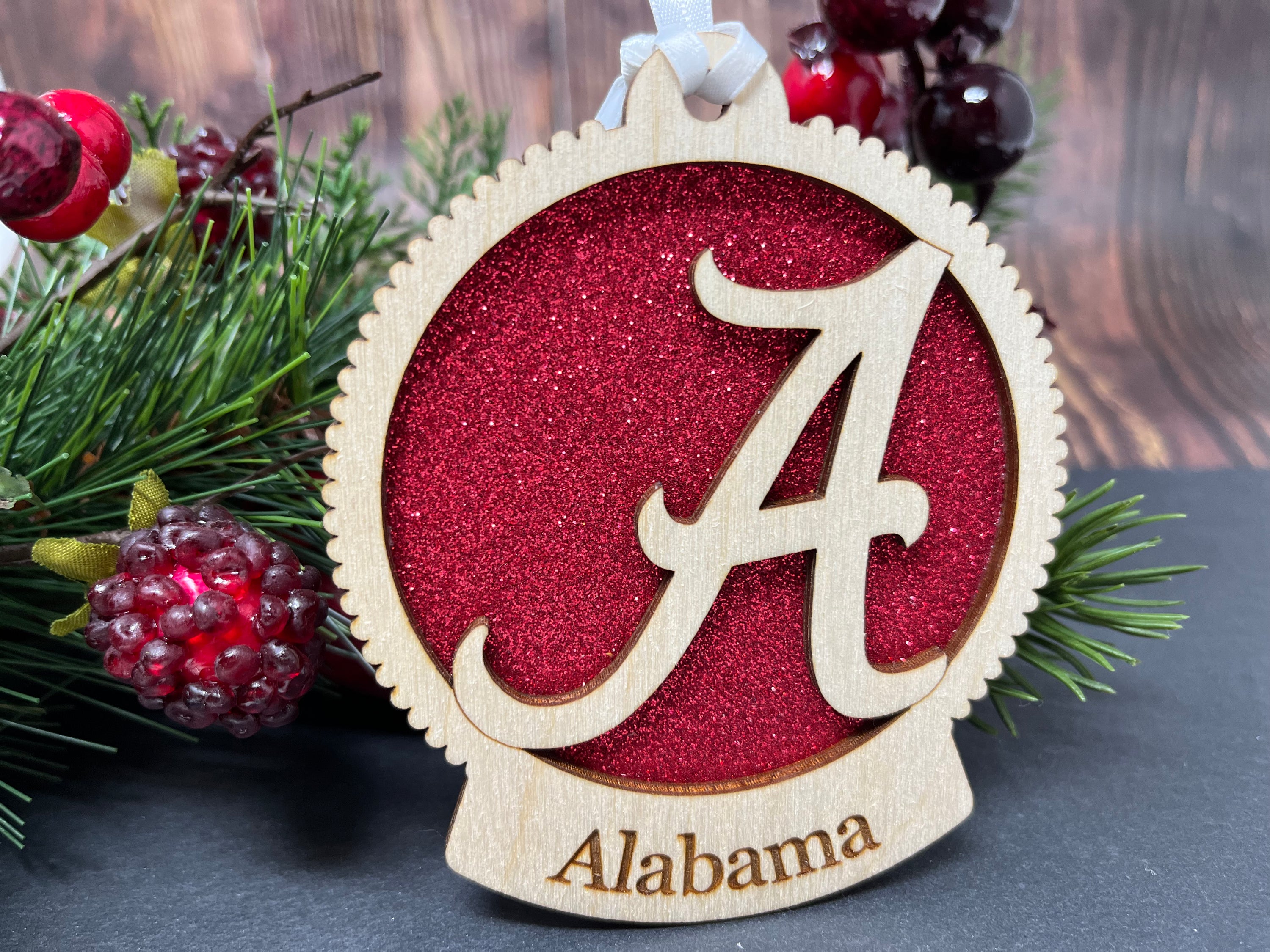 Handmade University of Alabama ornament made of birch wood, measuring 4x4 inches, beautifully packaged in a premium box.