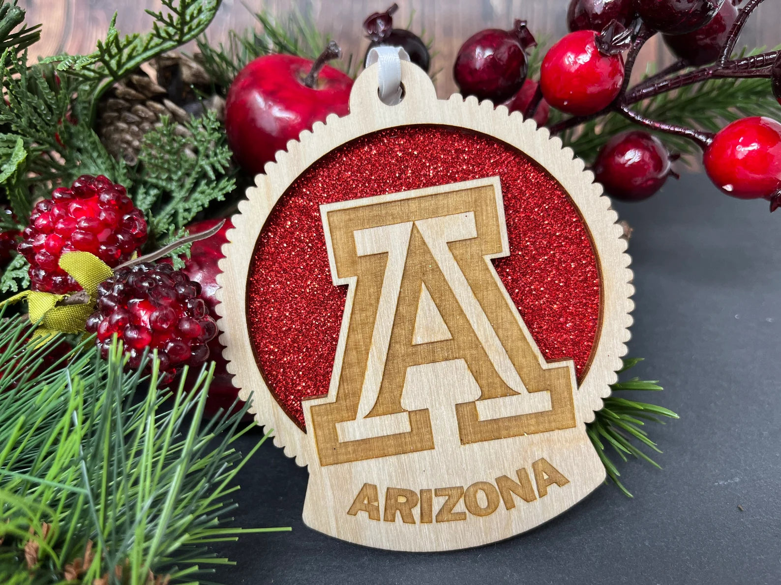 Handmade University of Arizona Ornament made from birch wood, measuring 4x4 inches, elegantly packaged in a cotton-filled box.