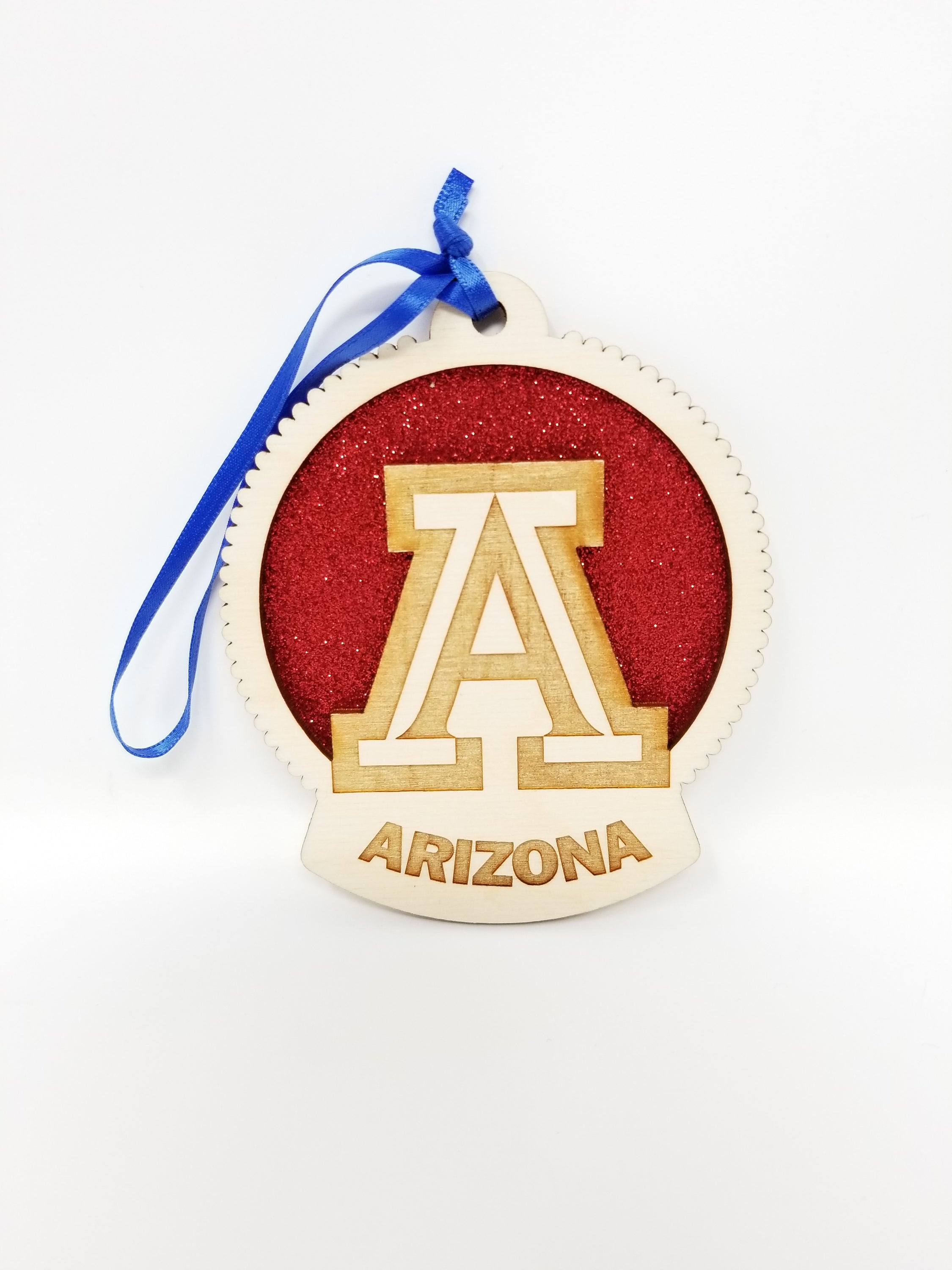 Handmade University of Arizona Ornament made from birch wood, measuring 4x4 inches, elegantly packaged in a cotton-filled box.