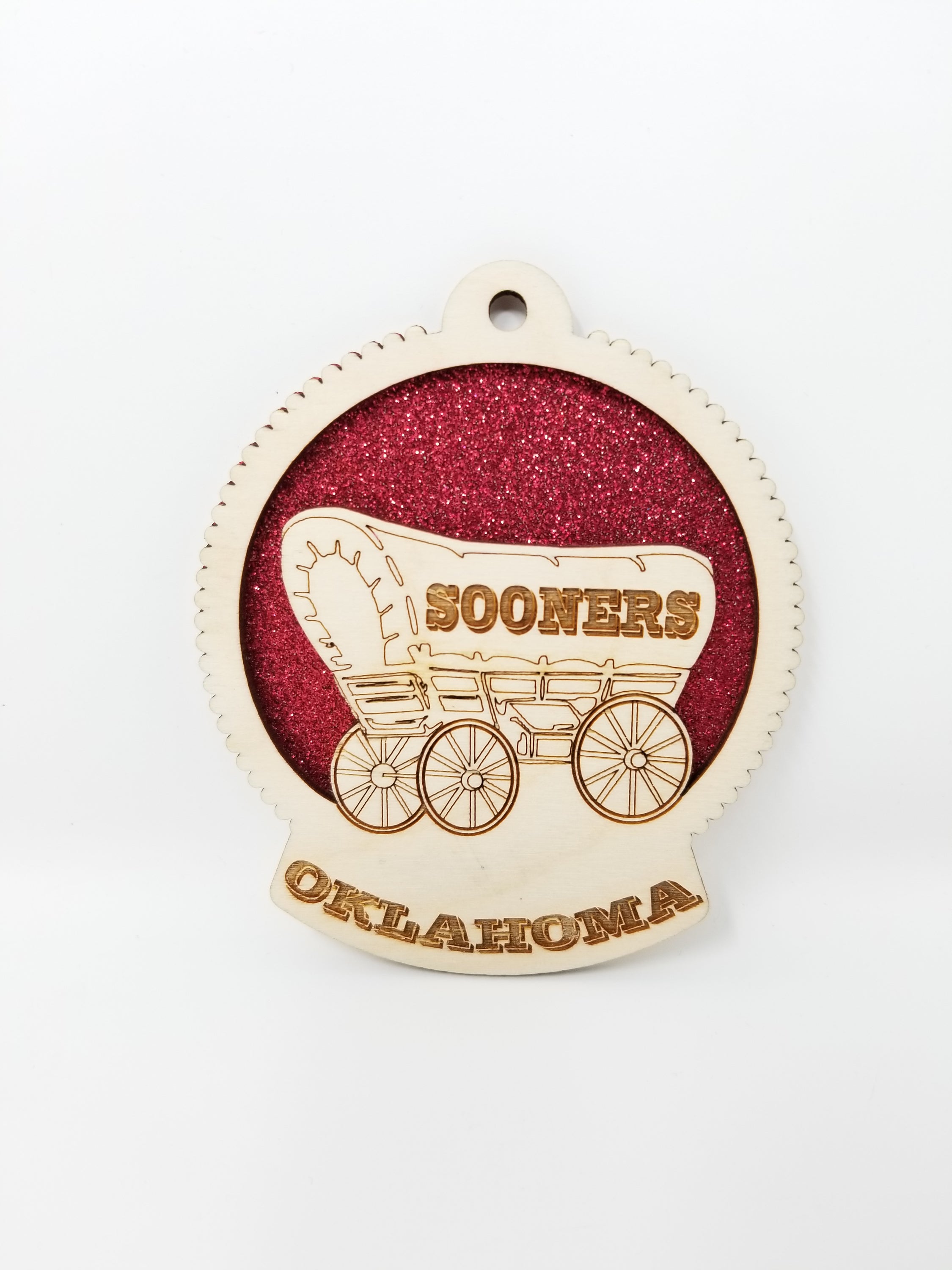 Handmade University of Oklahoma Sooners Ornament made of birch wood, measuring 4x4 inches, elegantly packaged in a cotton-filled box.