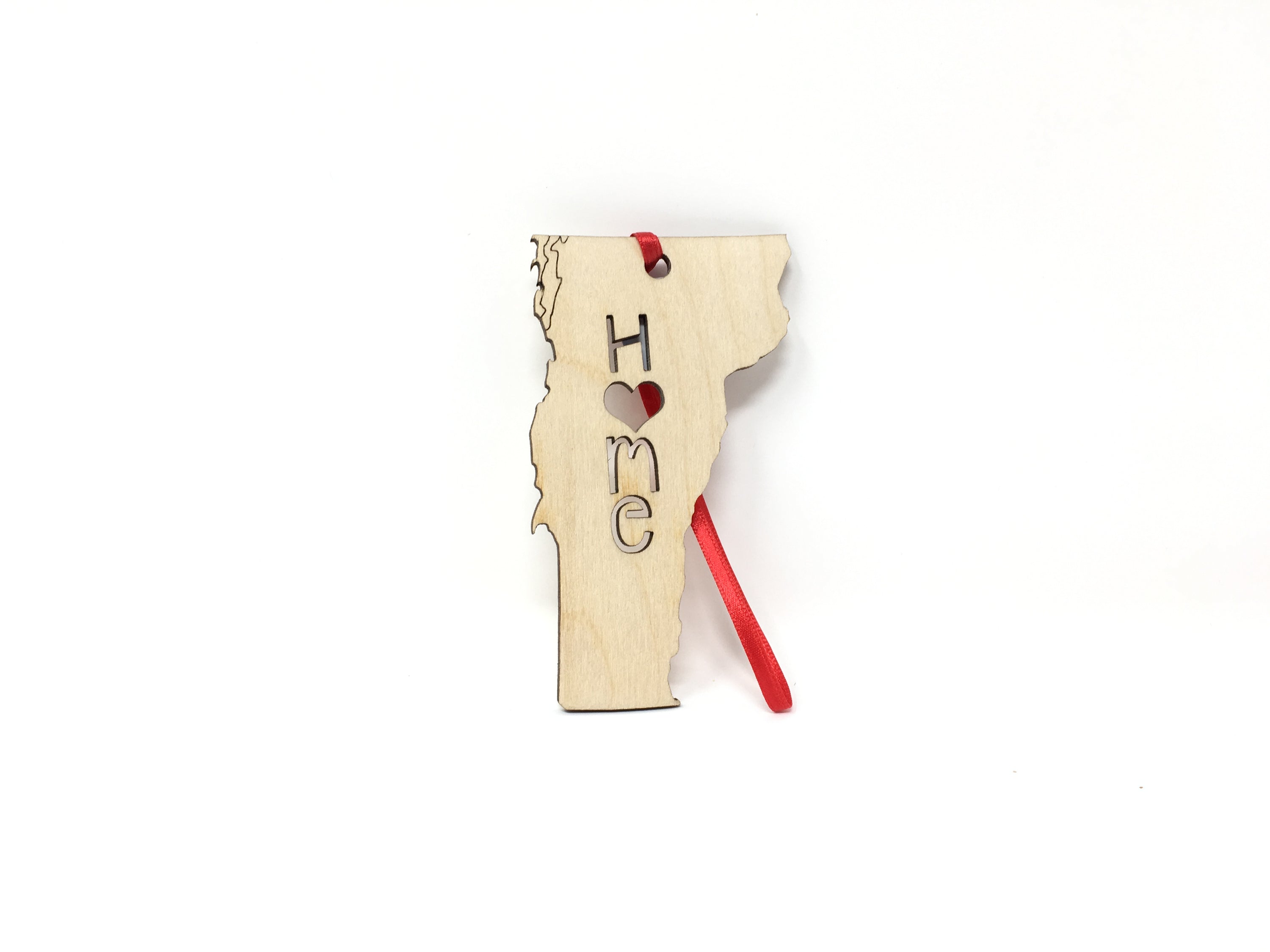 Vermont State Wood Christmas Ornament made from Baltic Birch, featuring an adorable 'Home' design.