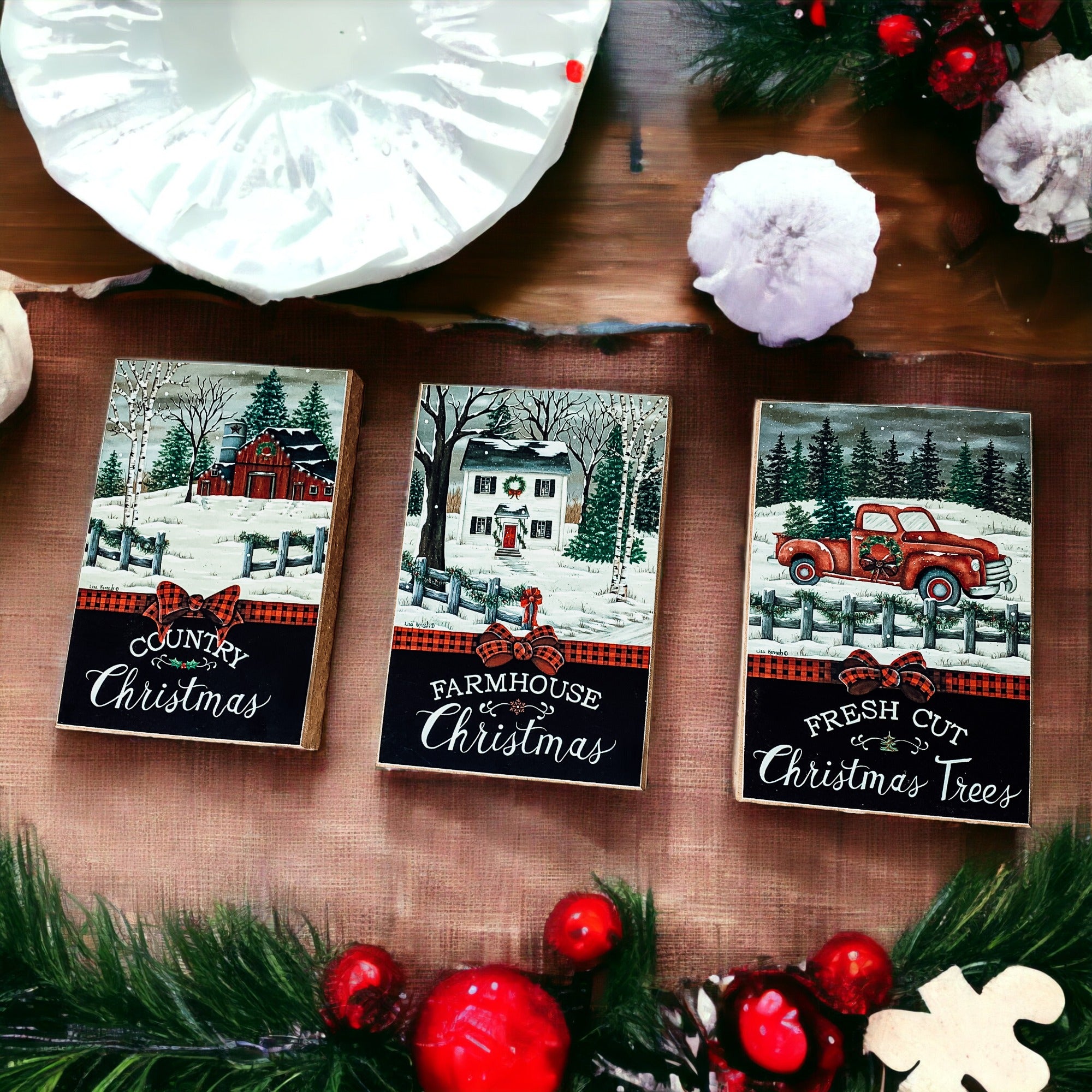 Three Vintage Christmas Blocks featuring a red truck, a red barn, and a white farmhouse, each with festive holiday messages.