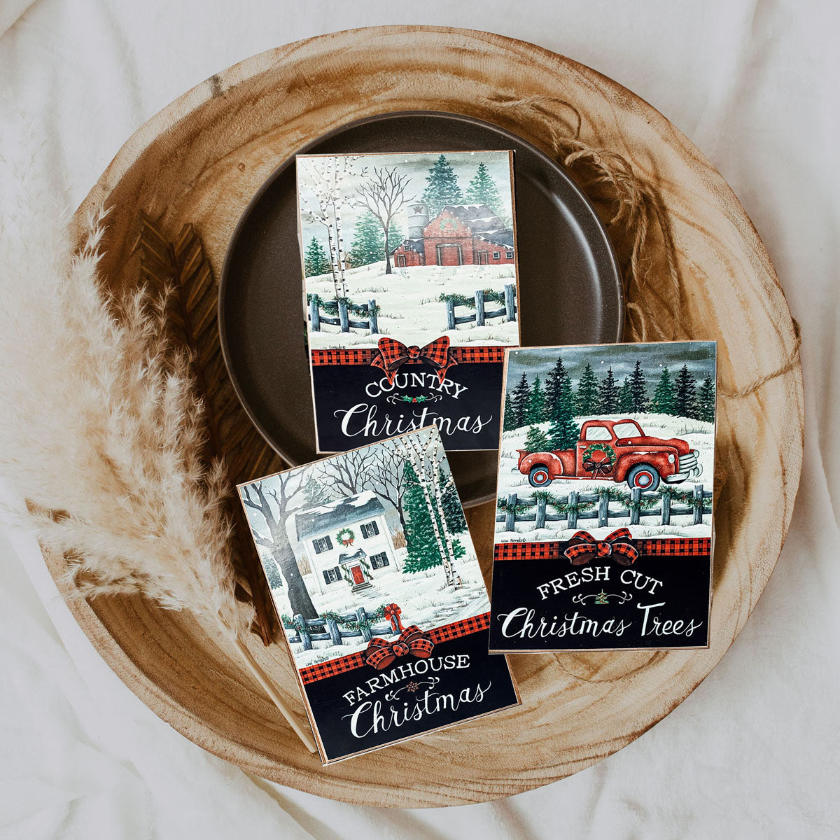 Three Vintage Christmas Blocks featuring a red truck, a red barn, and a white farmhouse, each with festive holiday messages.