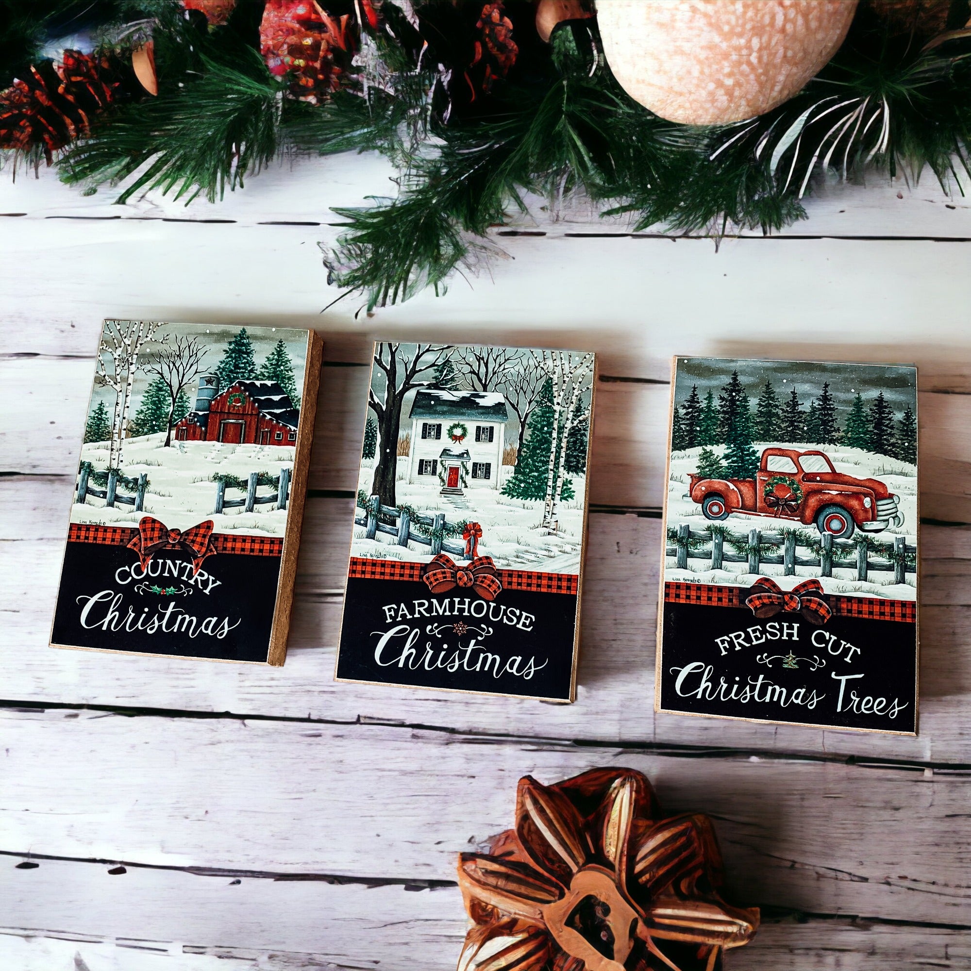 Three Vintage Christmas Blocks featuring a red truck, a red barn, and a white farmhouse, each with festive holiday messages.