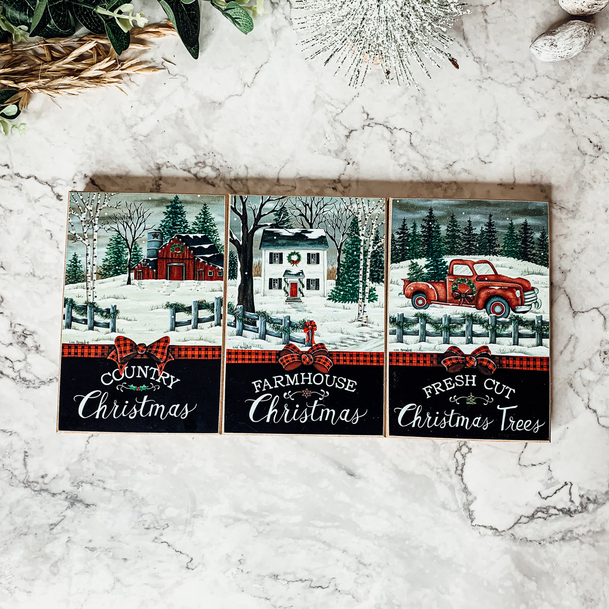 Three Vintage Christmas Blocks featuring a red truck, a red barn, and a white farmhouse, each with festive holiday messages.