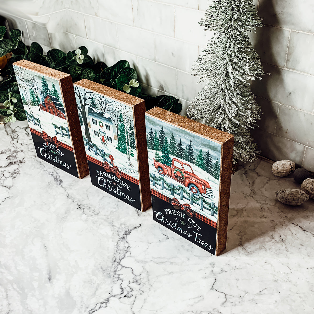 Three Vintage Christmas Blocks featuring a red truck, a red barn, and a white farmhouse, each with festive holiday messages.