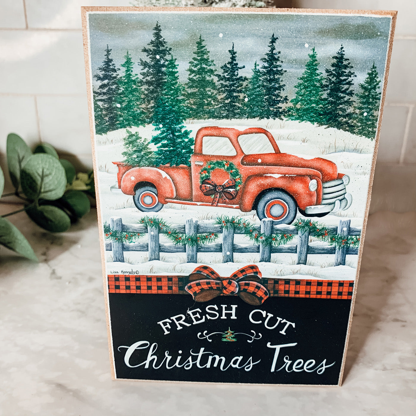 Three Vintage Christmas Blocks featuring a red truck, a red barn, and a white farmhouse, each with festive holiday messages.