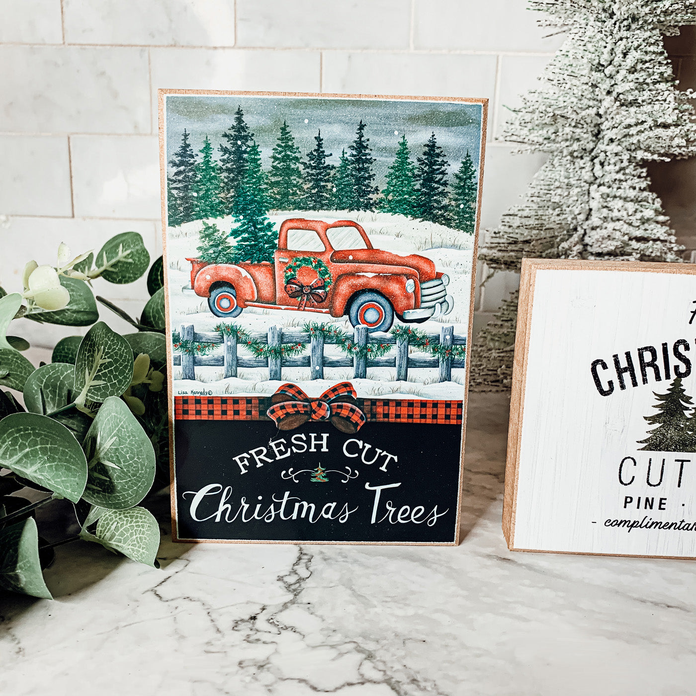 Three Vintage Christmas Blocks featuring a red truck, a red barn, and a white farmhouse, each with festive holiday messages.