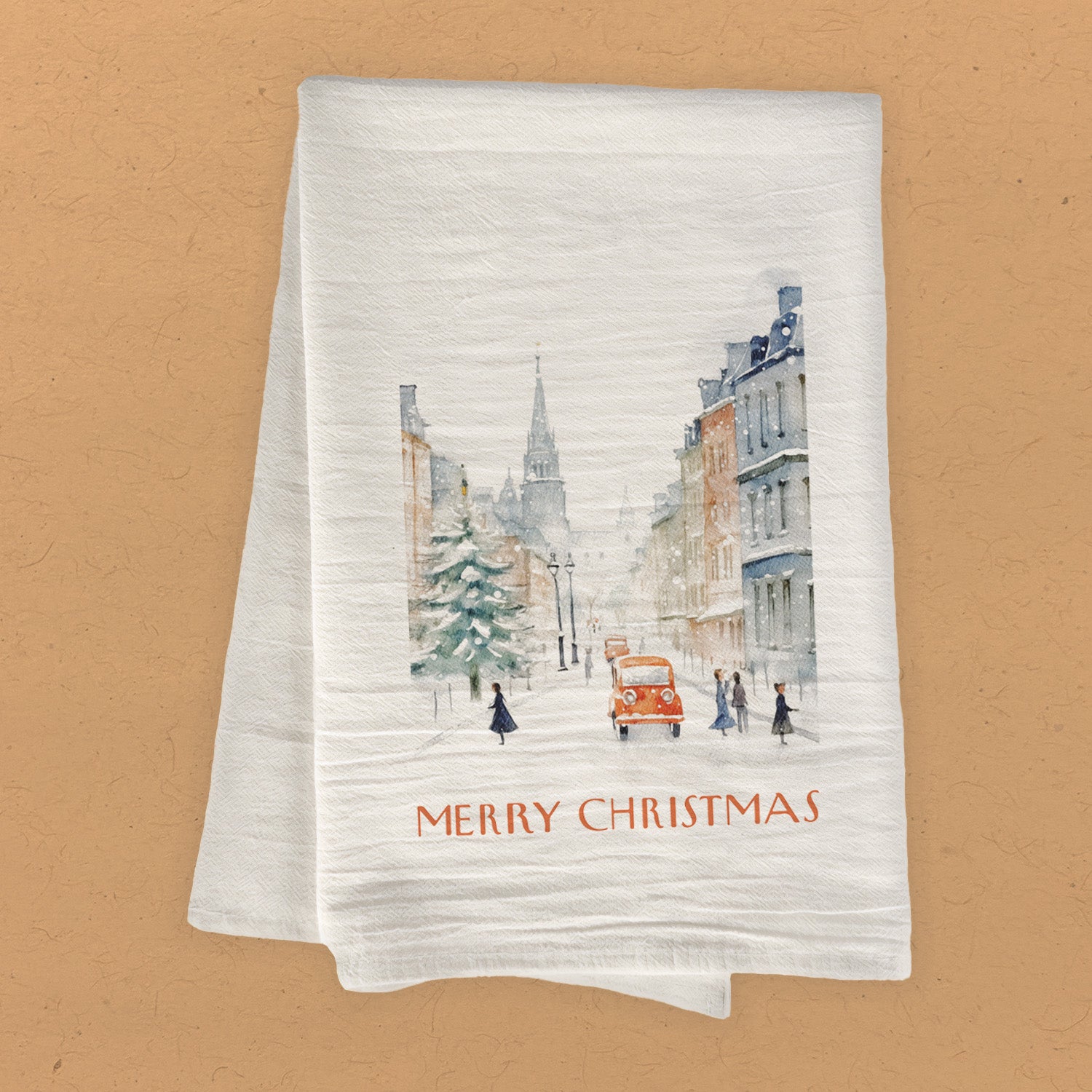 Vintage Christmas Poster cotton tea towel featuring a festive design, made from 100% absorbent cotton with hemmed edges.