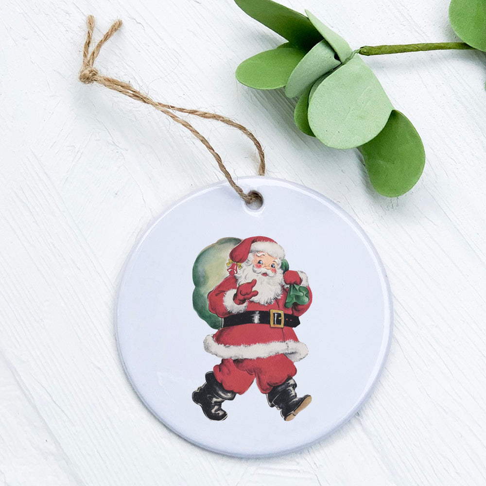 Vintage Santa ornament with gift sack, high-quality porcelain, beautifully printed design.