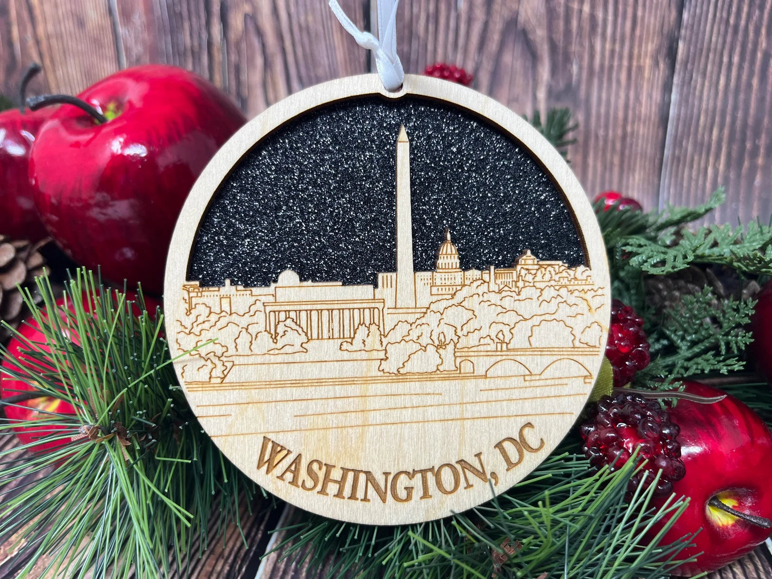 Washington DC skyline ornament made from premium Baltic birch wood, showcasing iconic city landmarks.