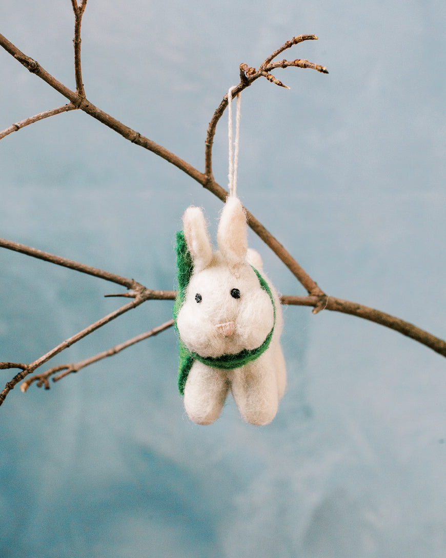 Handcrafted Winter Bunny Felt Ornament made from wool, featuring vibrant colors and intricate details, perfect for winter decor.