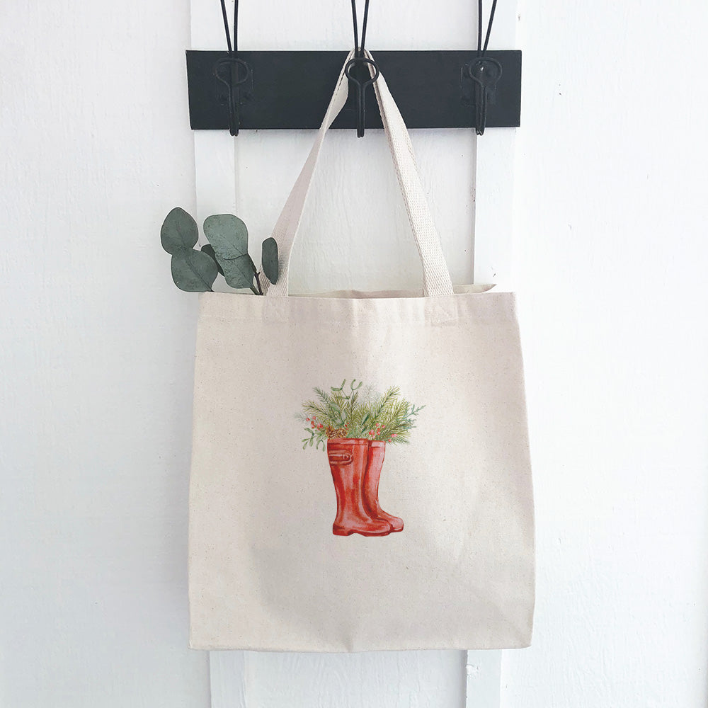 Winter Rain Boots and Foliage Canvas Tote Bag featuring vibrant design and durable straps.