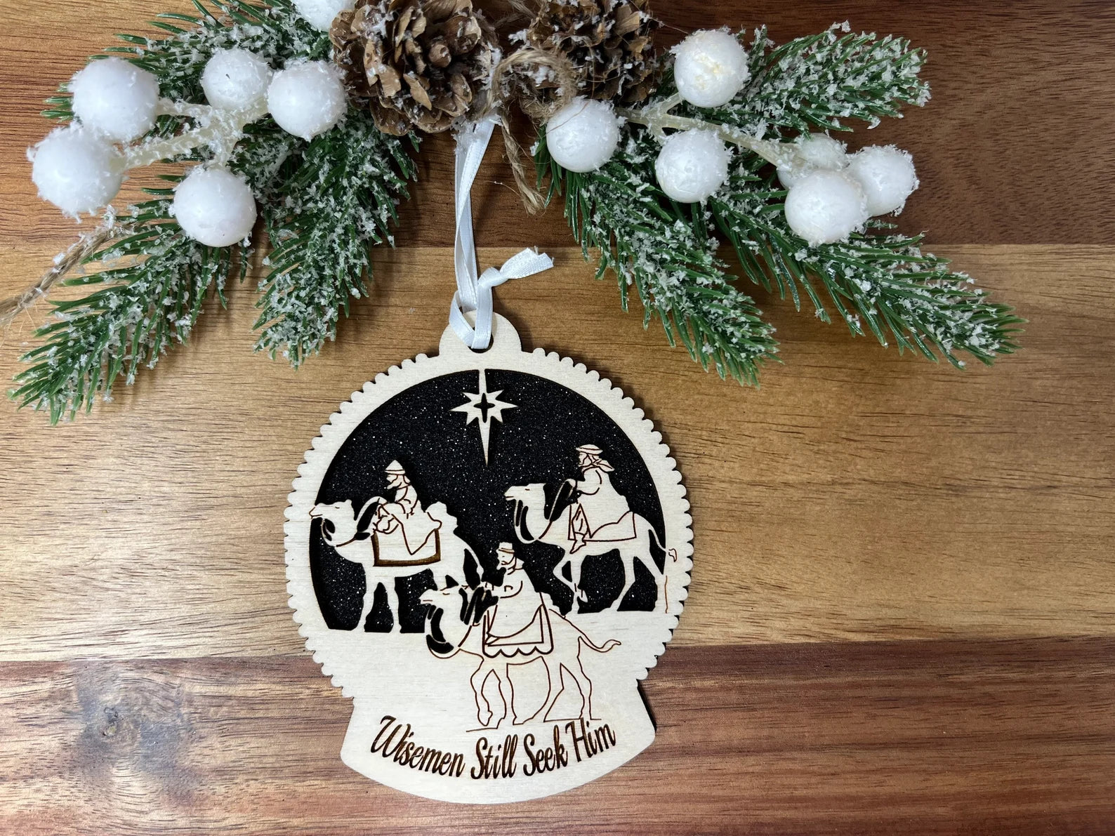 Wisemen Seek Him ornament made from premium Baltic Birch wood, intricately laser cut with a nativity scene design.