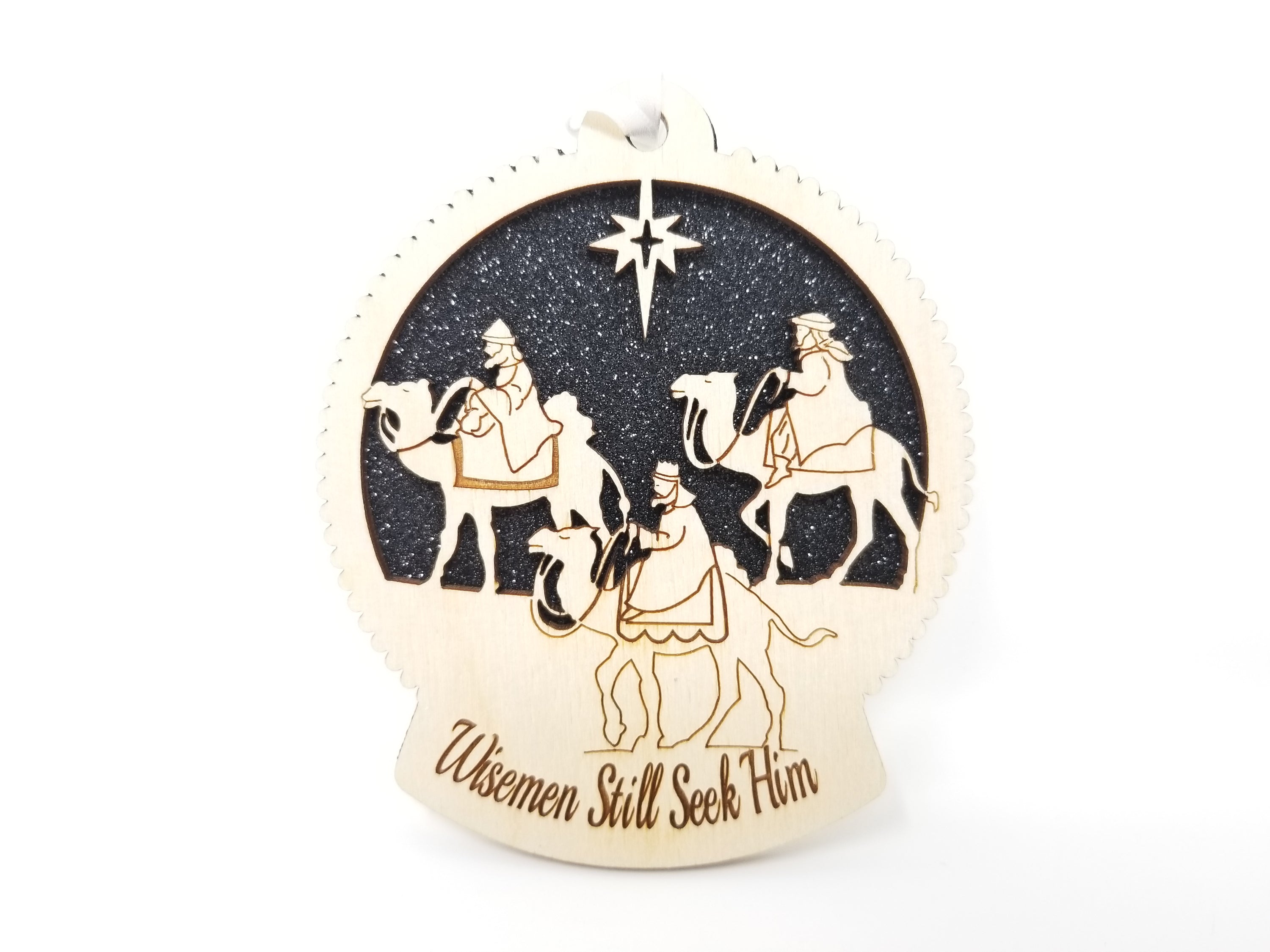 Wisemen Seek Him ornament made from premium Baltic Birch wood, intricately laser cut with a nativity scene design.