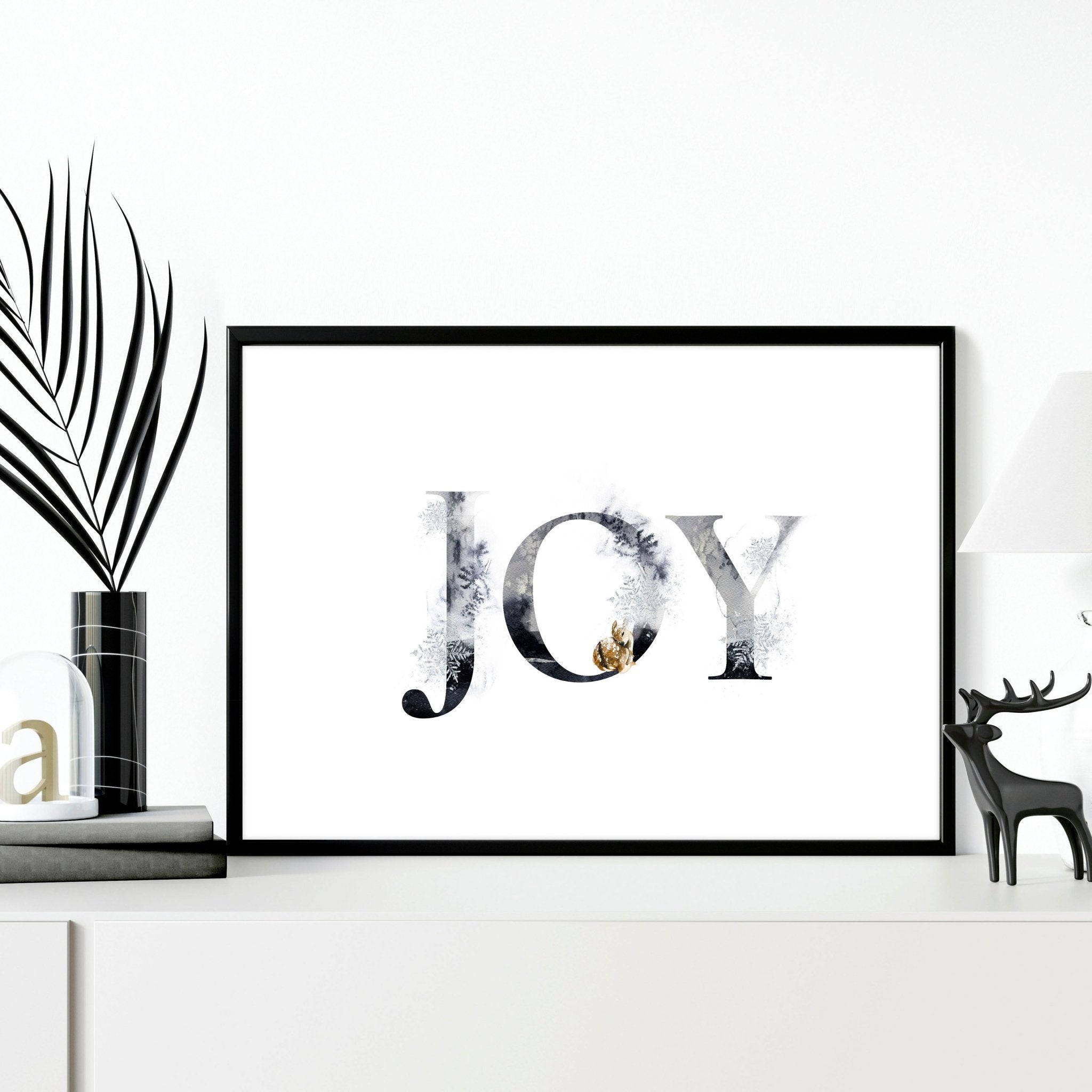 Joy wall art print featuring elegant grayscale design with golden Christmas elements, perfect for festive decor.