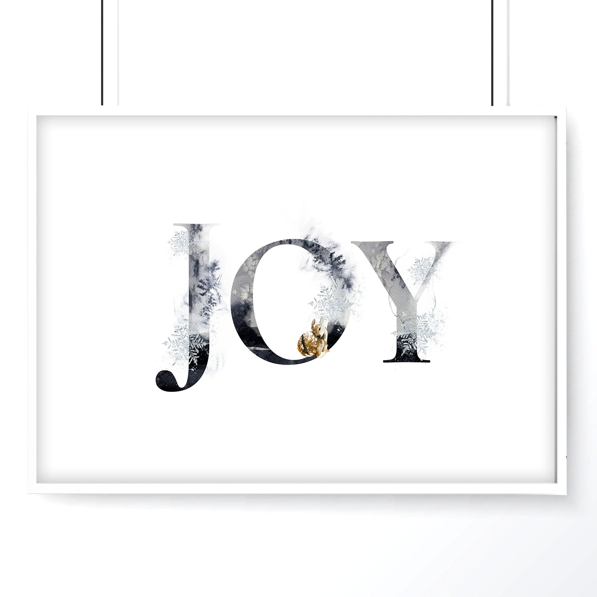 Joy wall art print featuring elegant grayscale design with golden Christmas elements, perfect for festive decor.