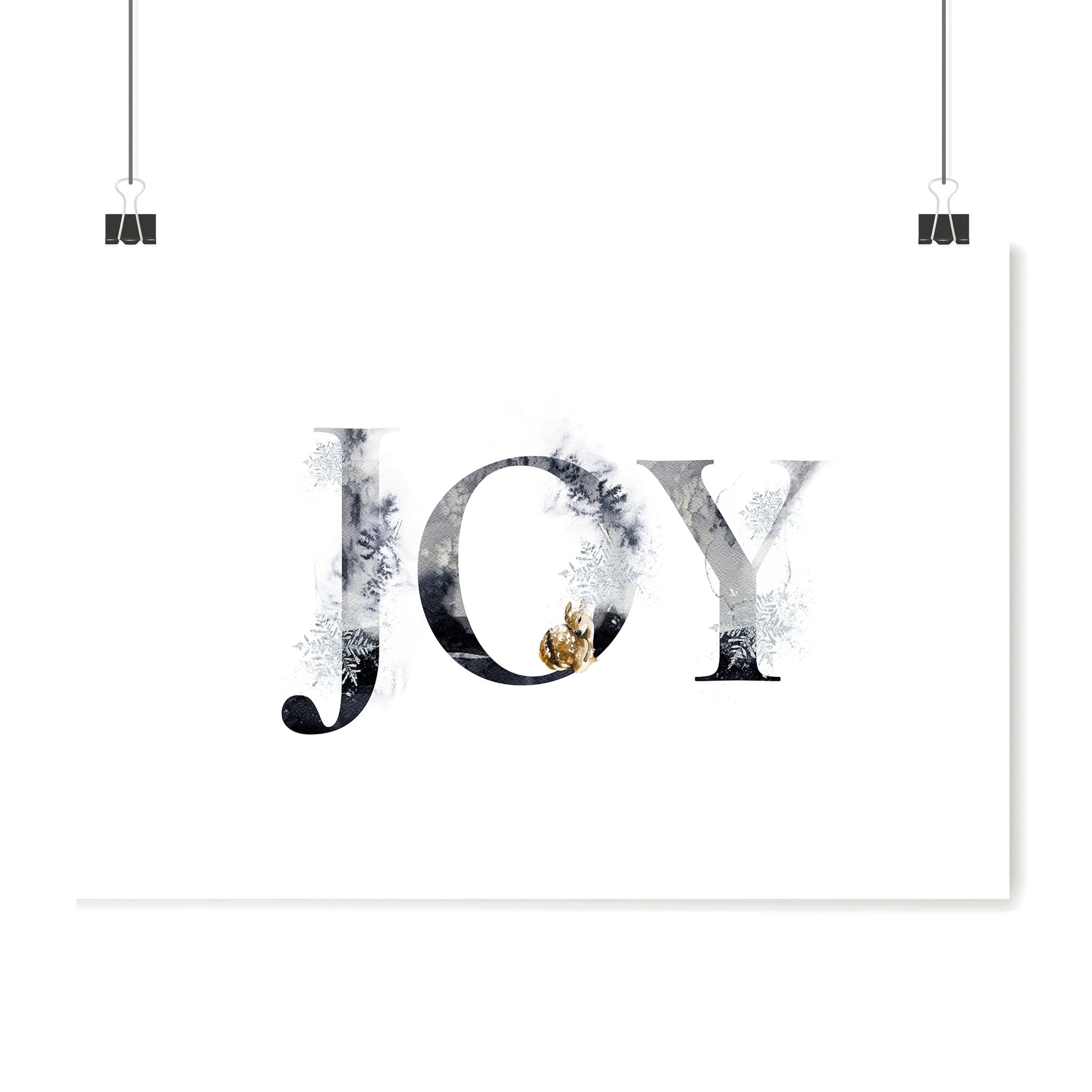 Joy wall art print featuring elegant grayscale design with golden Christmas elements, perfect for festive decor.