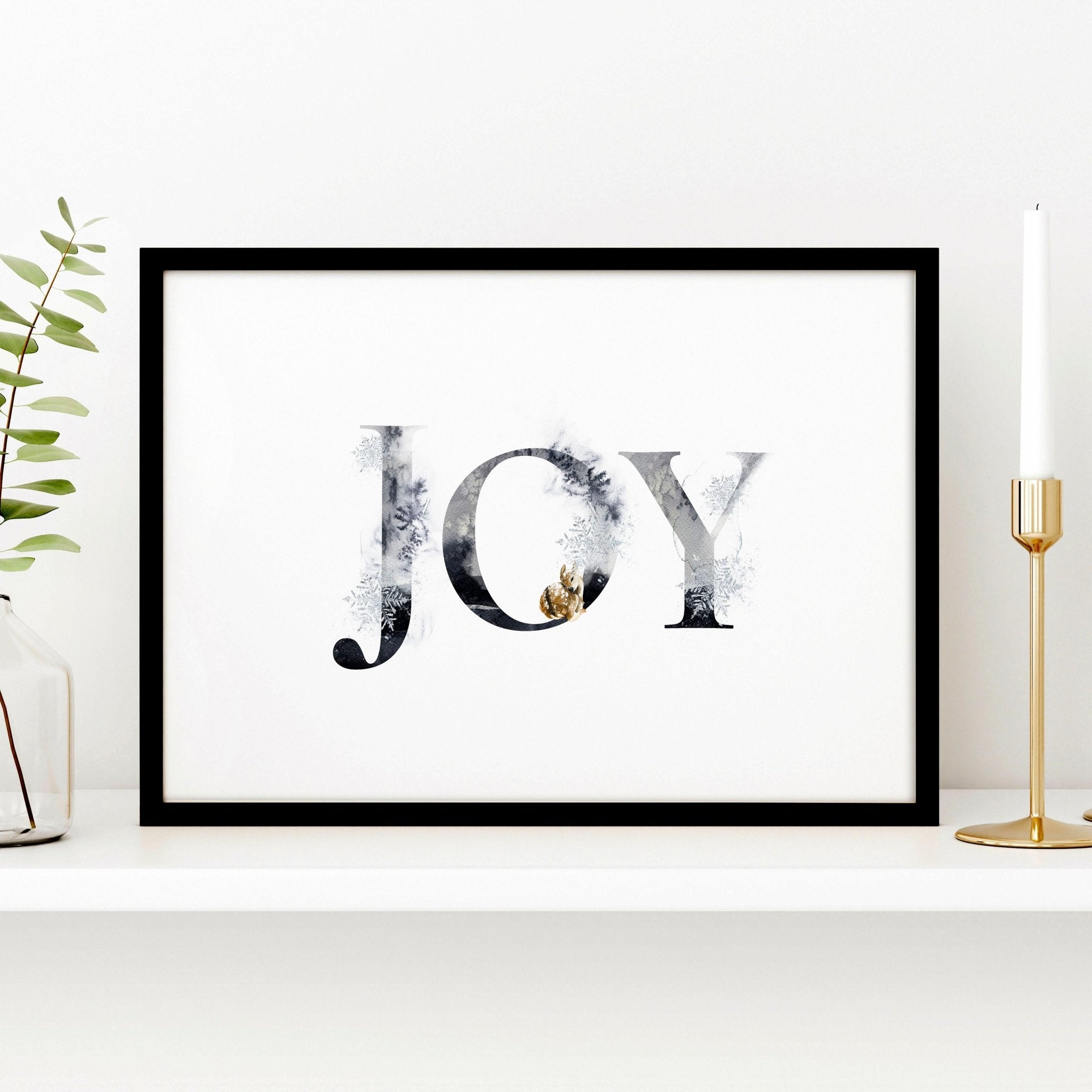 Joy wall art print featuring elegant grayscale design with golden Christmas elements, perfect for festive decor.