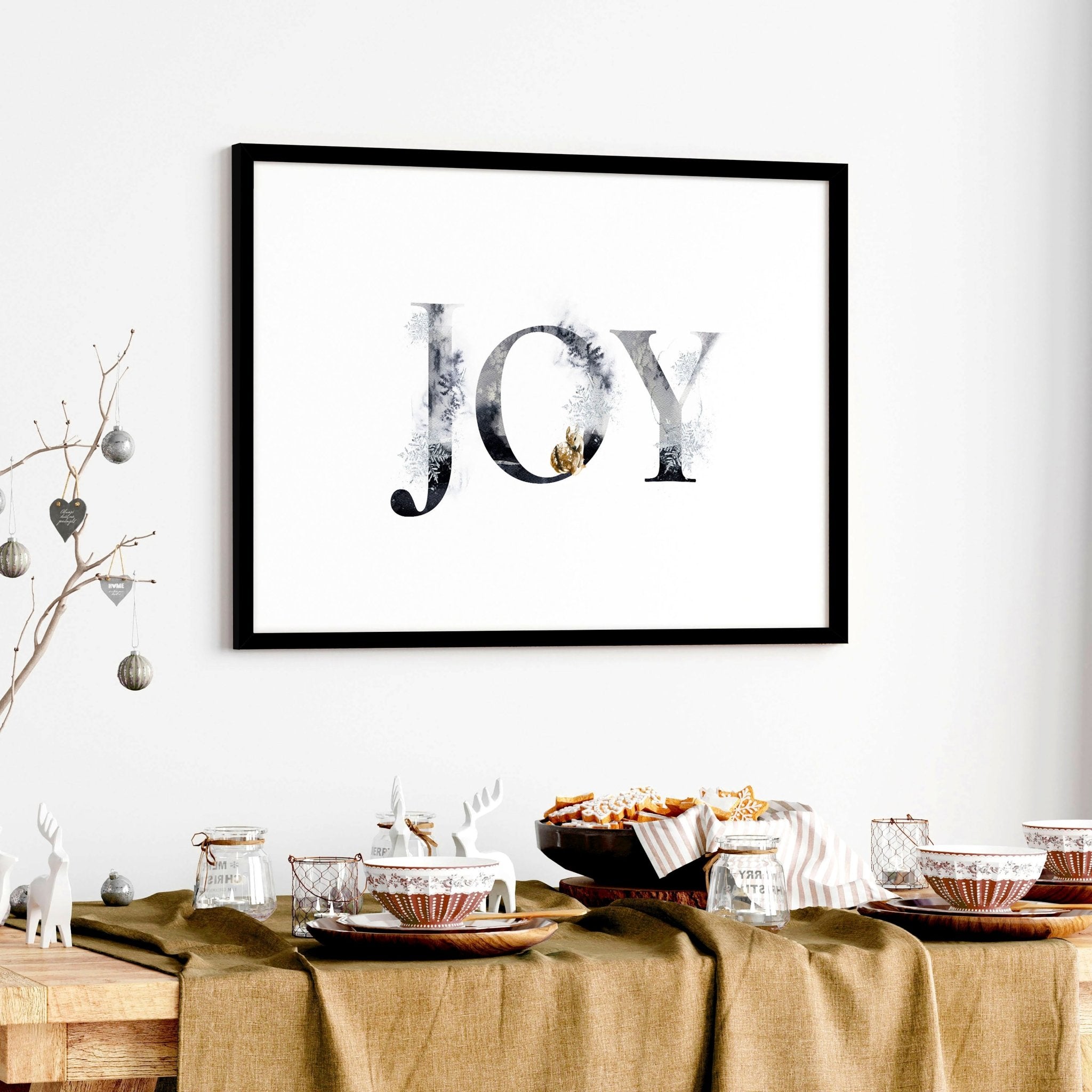 Joy wall art print featuring elegant grayscale design with golden Christmas elements, perfect for festive decor.