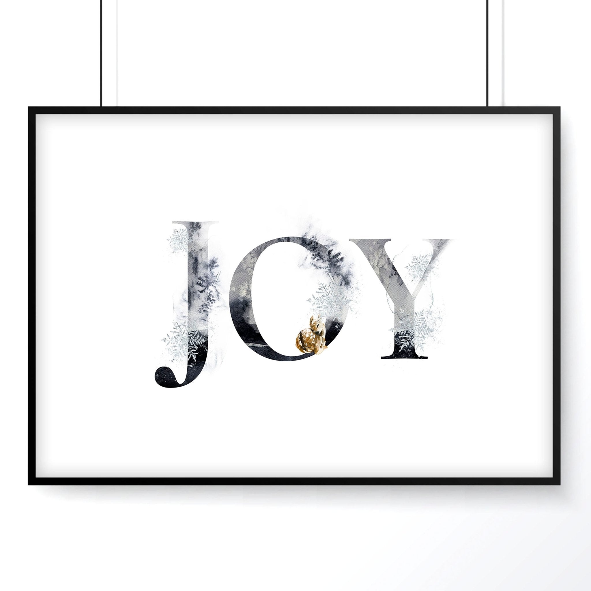 Joy wall art print featuring elegant grayscale design with golden Christmas elements, perfect for festive decor.