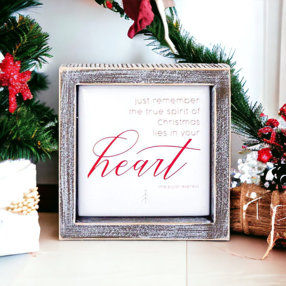 A beautifully crafted 5-inch wooden framed sign with metal embossing, featuring an inspirational Christmas message.