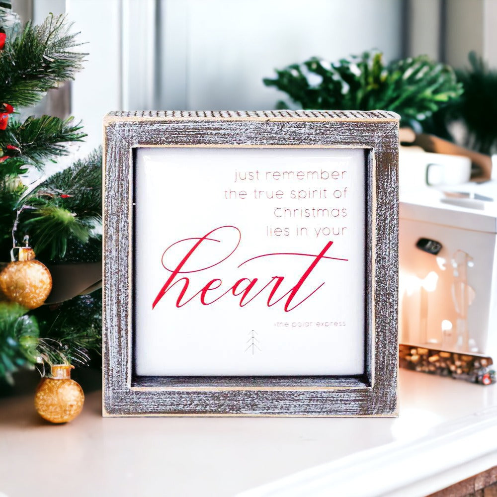 A beautifully crafted 5-inch wooden framed sign with metal embossing, featuring an inspirational Christmas message.