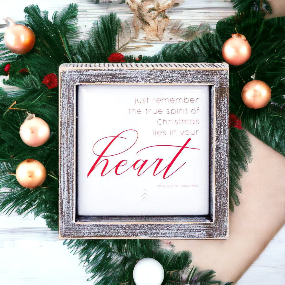 A beautifully crafted 5-inch wooden framed sign with metal embossing, featuring an inspirational Christmas message.