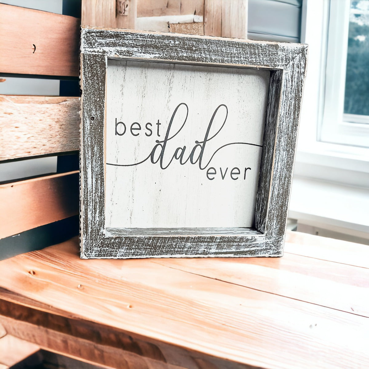 Wooden framed sign reading 'Best Dad Ever' measuring 5 inches, perfect for home or office decor.