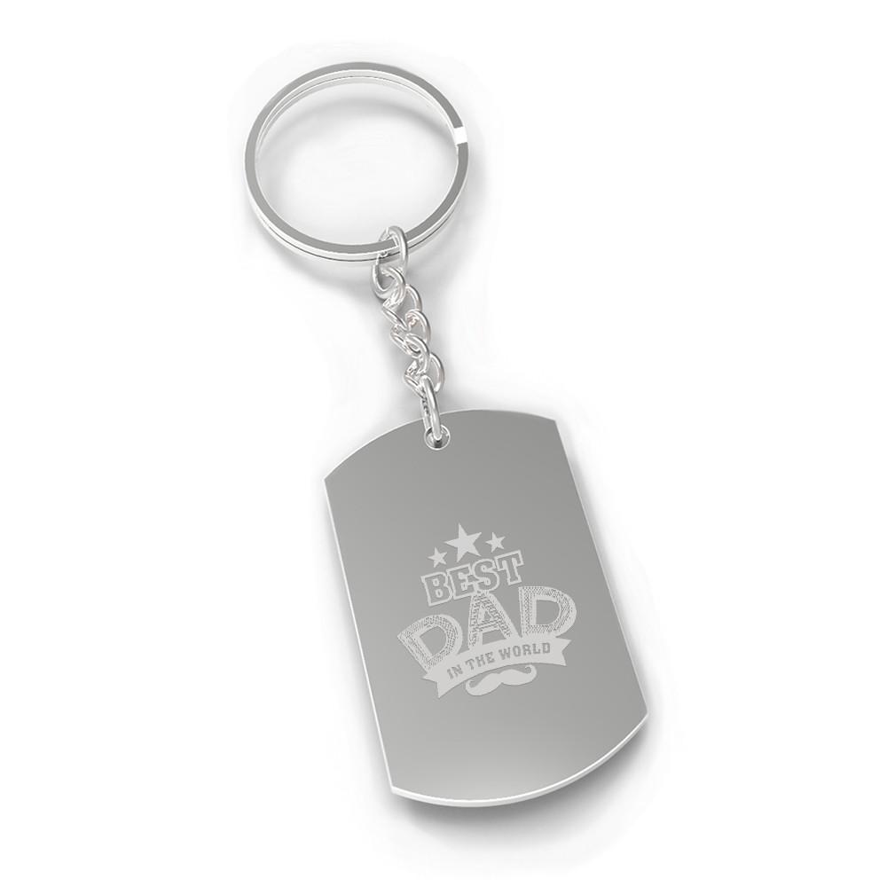 Best Dad In The World Dog Tag Style Key Chain, nickel plated with engraved design, perfect gift for Father's Day.