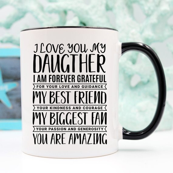 A white ceramic mug featuring a heartfelt design for fathers from daughters, showcasing vibrant colors and printed on both sides.