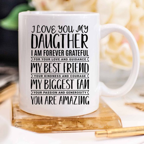 A white ceramic mug featuring a heartfelt design for fathers from daughters, showcasing vibrant colors and printed on both sides.