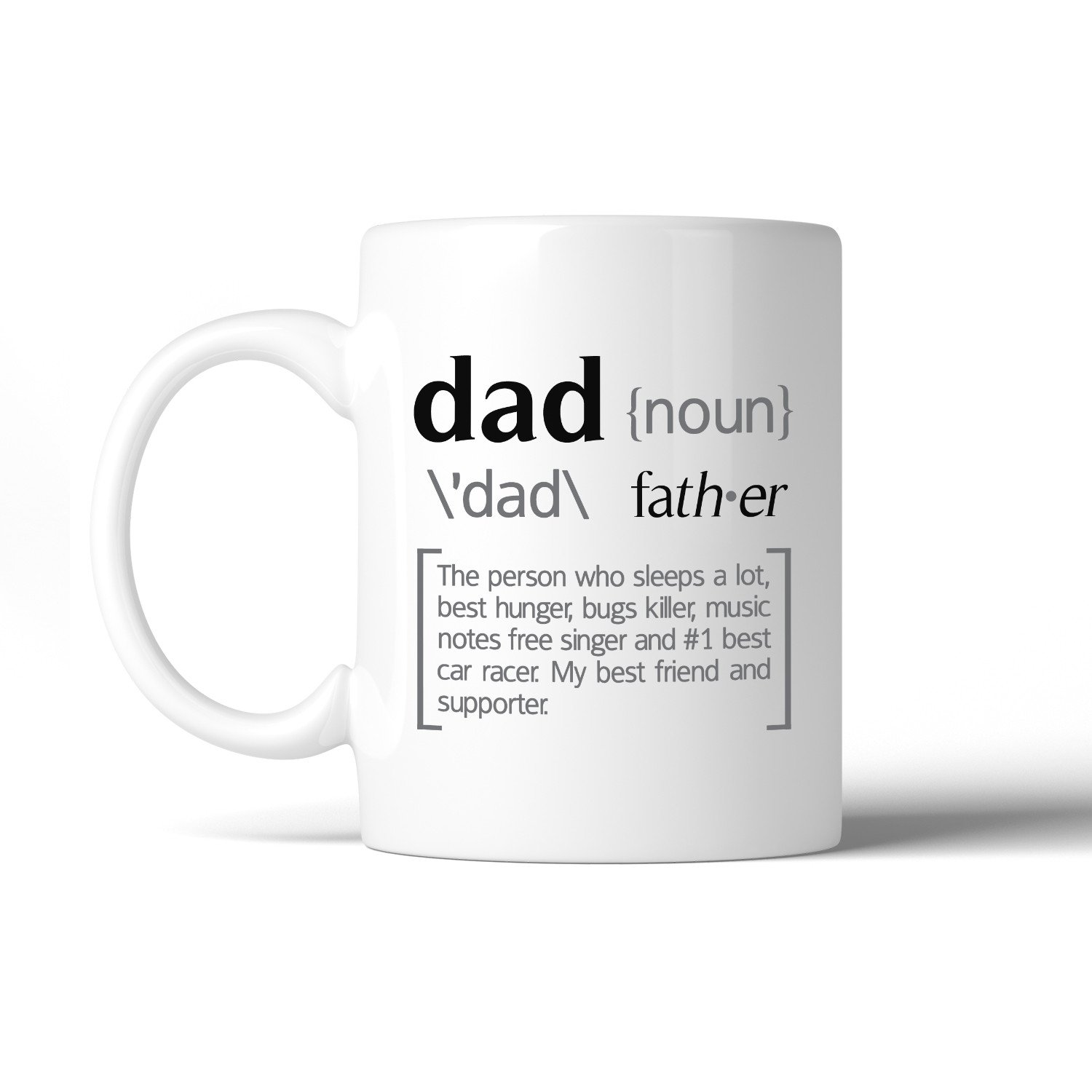 A white ceramic coffee mug with a funny 'Dad Noun' design, perfect for Father's Day gifts, showcasing vibrant colors and printed on both sides.