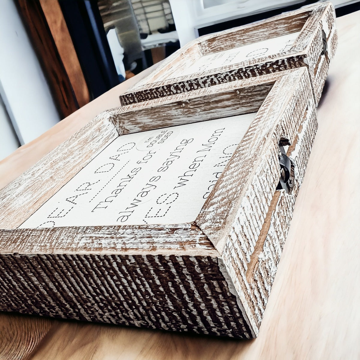 Double-sided wooden sign featuring humorous and heartfelt messages for dads, framed in rustic white wash.