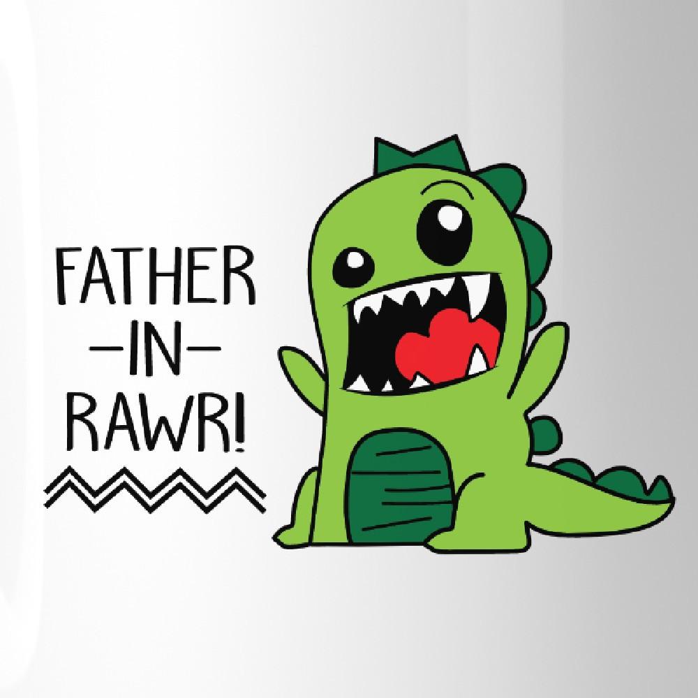 Father-In-Rawr 11oz Ceramic Coffee Mug with a humorous design, perfect for Father's Day gifts, showcasing a white ceramic finish and printed graphics.