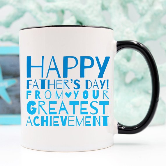 A white ceramic mug featuring a funny design, perfect for Father's Day gifts, showcasing vibrant colors and printed on both sides.