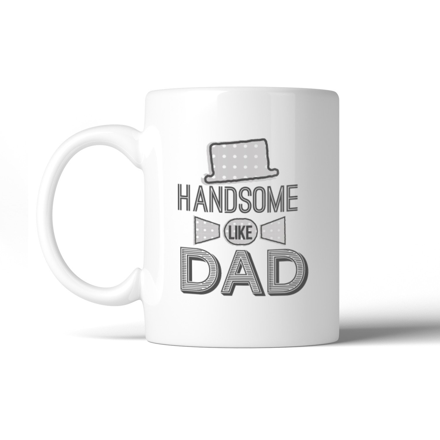 Handsome Like Dad vintage design coffee mug, white ceramic with unique prints on both sides, perfect for Father's Day gifts.