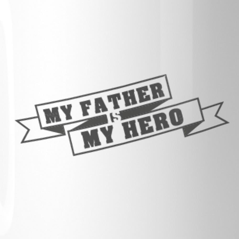 Ceramic mug with unique design celebrating fathers, featuring 'My Father My Hero' text, suitable for hot and cold beverages.