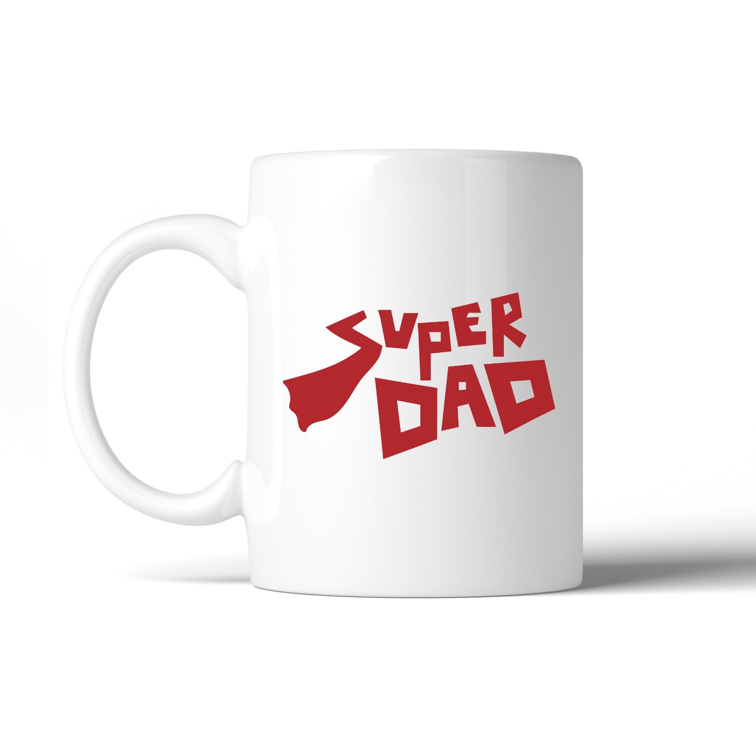 A white ceramic coffee mug featuring a unique Super Dad design, perfect for Father's Day gifts, showcasing vibrant colors and printed on both sides.