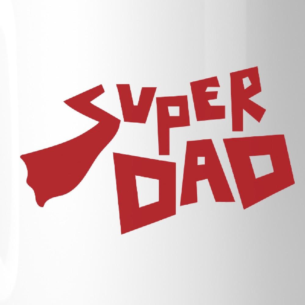 A white ceramic coffee mug featuring a unique Super Dad design, perfect for Father's Day gifts, showcasing vibrant colors and printed on both sides.