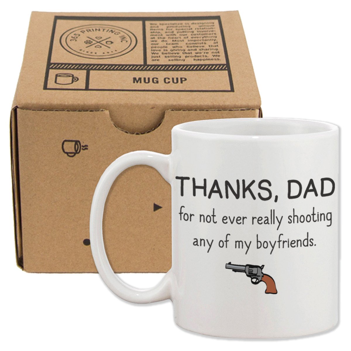 Ceramic mug with humorous text for dads, featuring a classic shape and large C-shaped handle, suitable for hot and cold beverages.