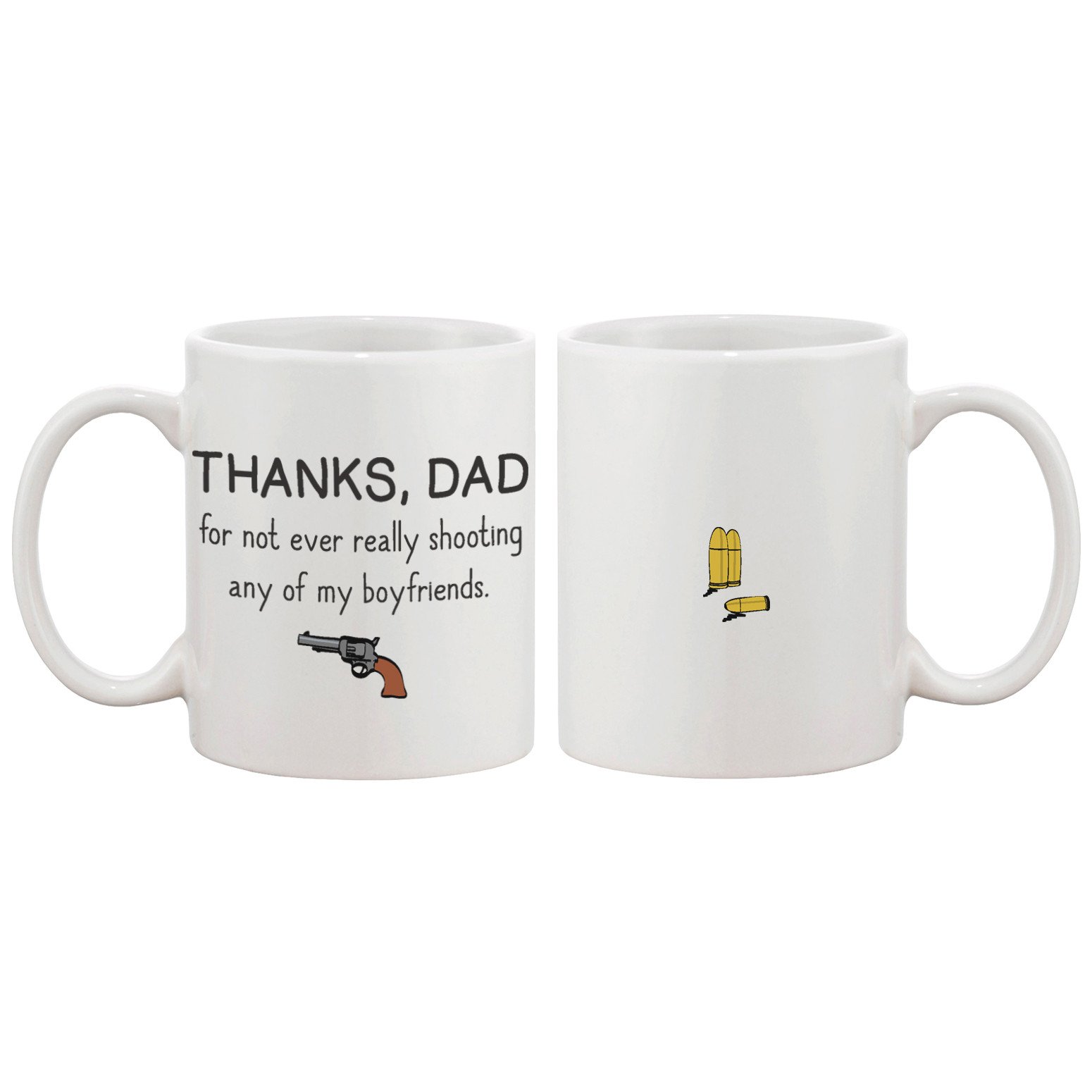 Ceramic mug with humorous text for dads, featuring a classic shape and large C-shaped handle, suitable for hot and cold beverages.