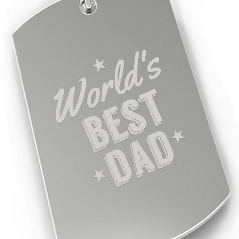 A stylish Worlds Best Dad Car Key Chain made of durable nickel plate, featuring an engraved design, available in three unique styles.