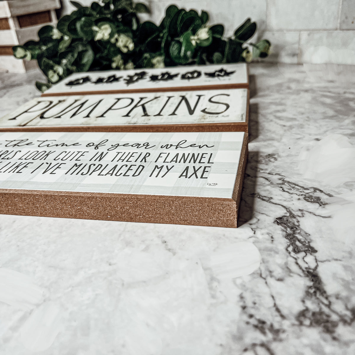 Rustic Autumn sign with off-white background and leaf designs, spelling 'Autumn' in elegant letters.