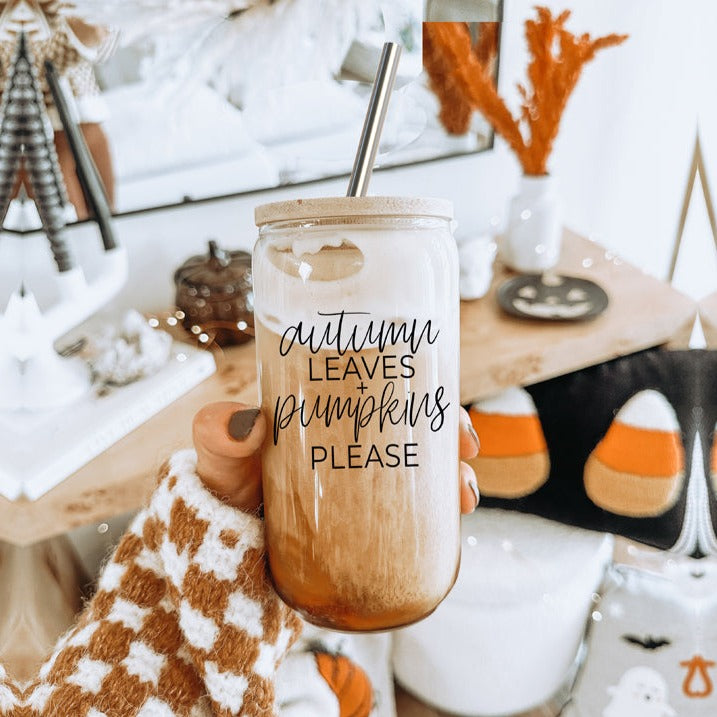 Autumn Leaves Cup featuring a bamboo lid and stainless steel straws, designed for hot and cold beverages with a stylish autumn-themed graphic.